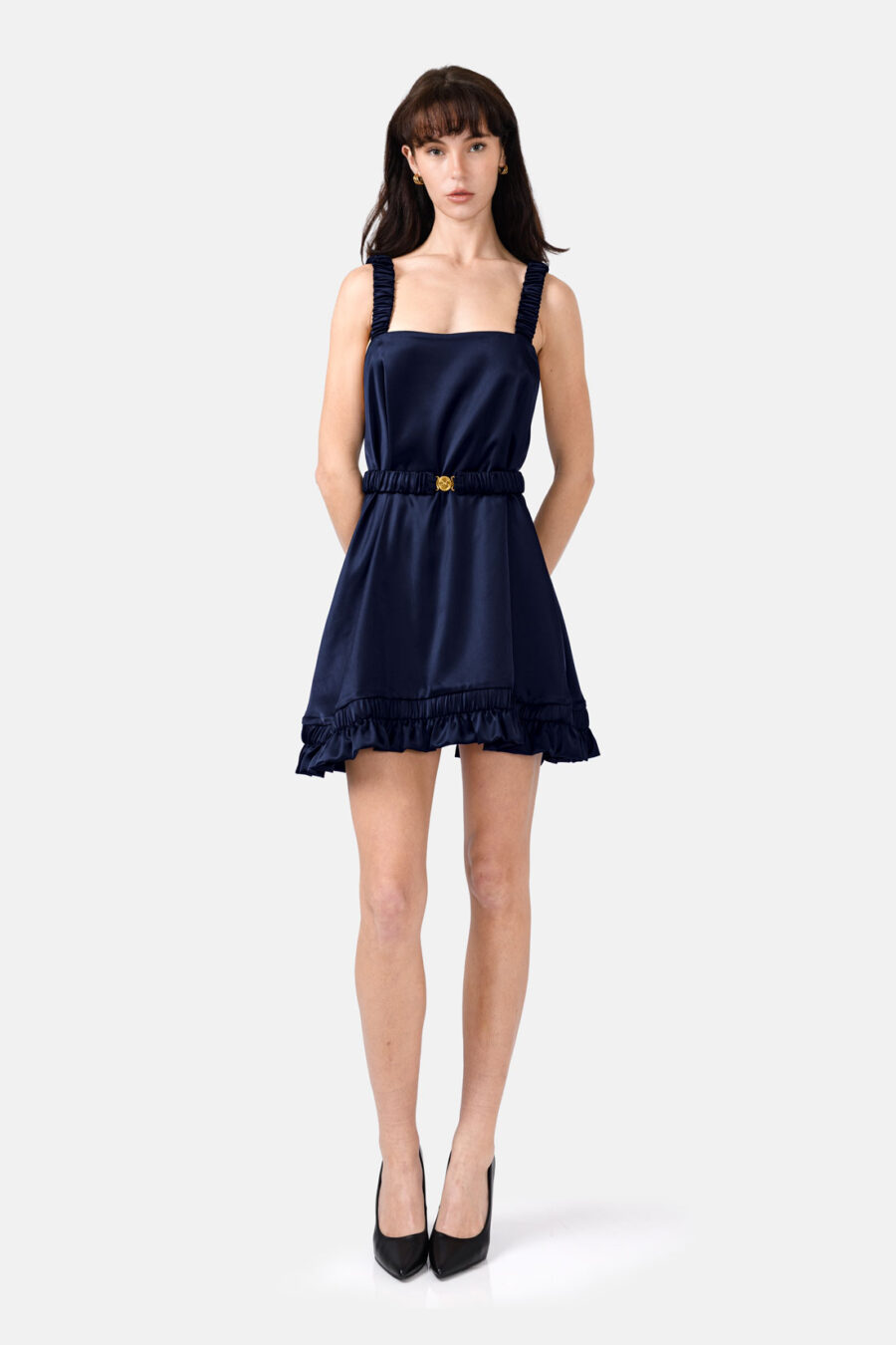 Navy Blue Slip Satin Mini Dress With Straps and Ruffled Hem by Kargede Front Belted