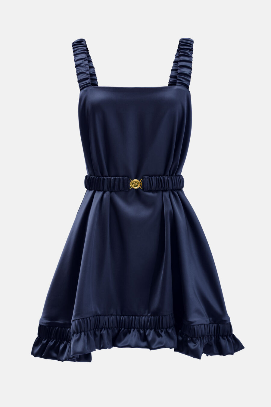 Navy Blue Slip Satin Mini Dress With Straps and Ruffled Hem by Kargede Ghost Mannequin