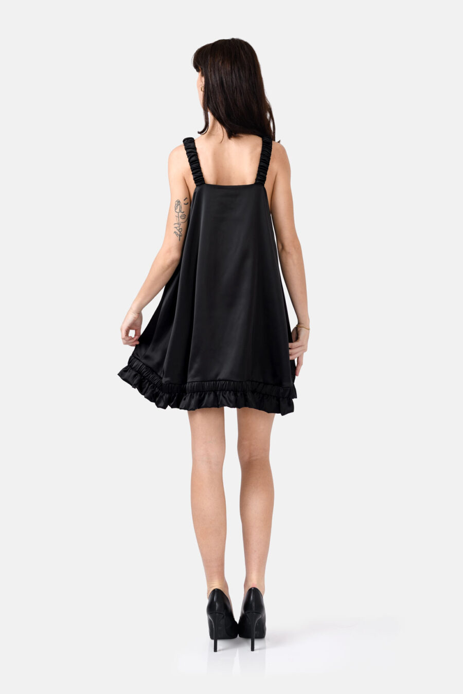 Onyx Black Slip Satin Mini Dress With Straps and Ruffled Hem by Kargede Back