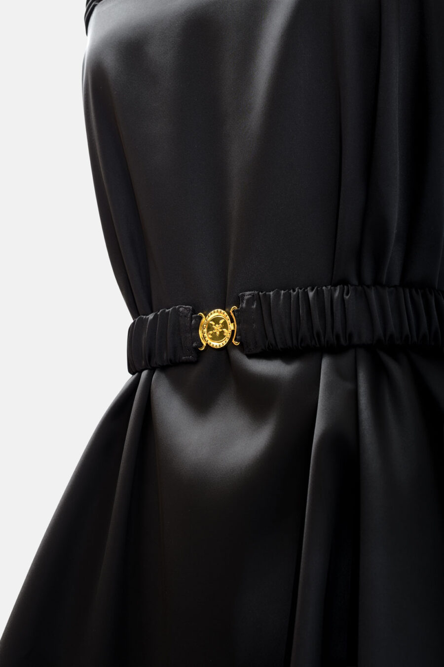 Onyx Black Slip Satin Mini Dress With Straps and Ruffled Hem by Kargede Detail Shot