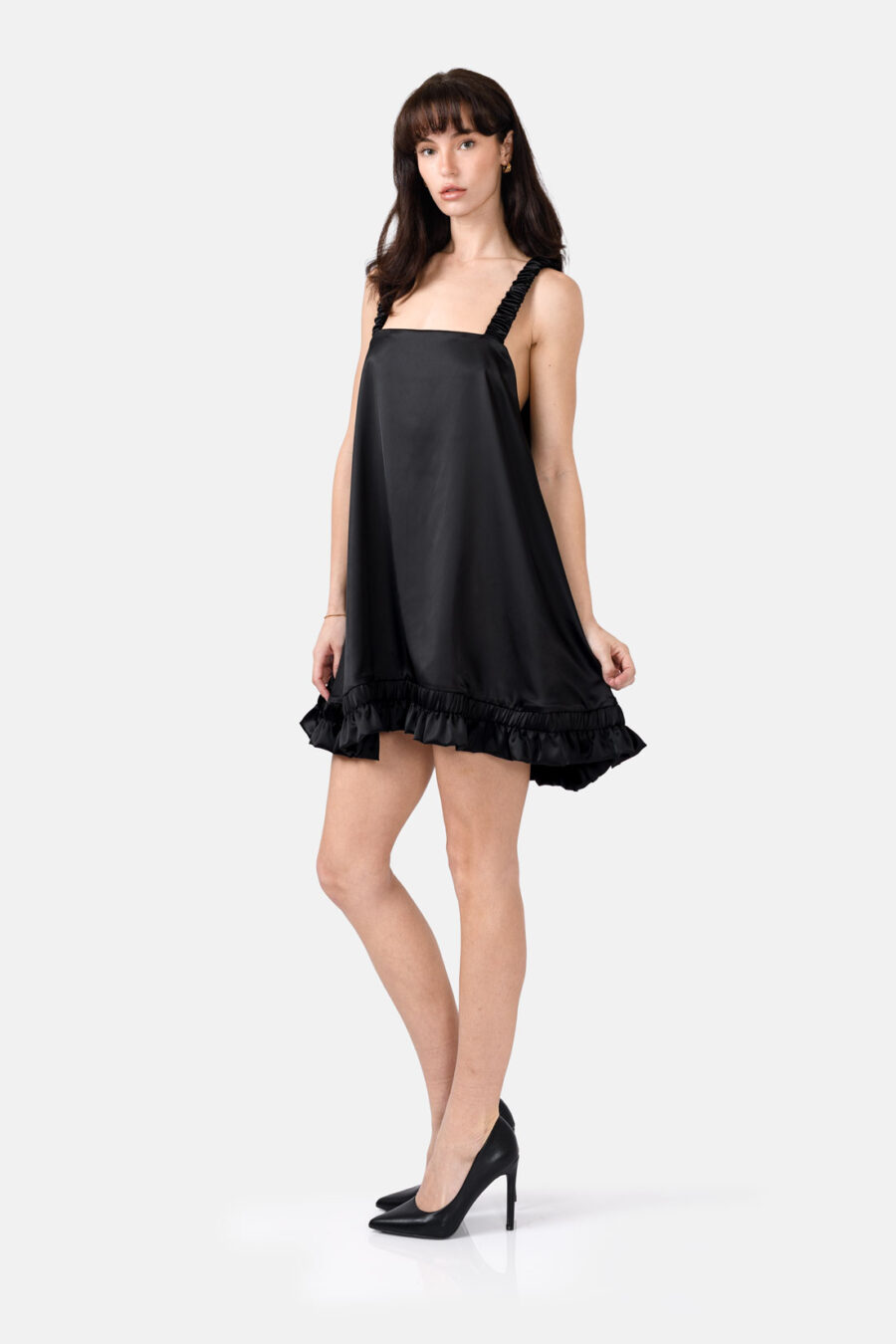 Onyx Black Slip Satin Mini Dress With Straps and Ruffled Hem by Kargede Front
