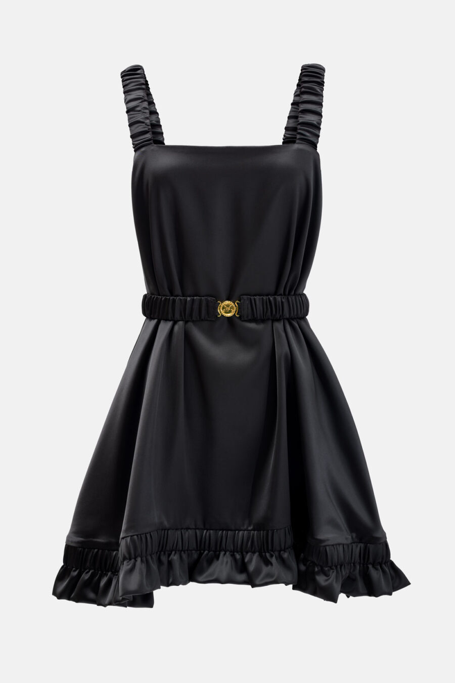 Onyx Black Slip Satin Mini Dress With Straps and Ruffled Hem by Kargede Ghost Mannequin