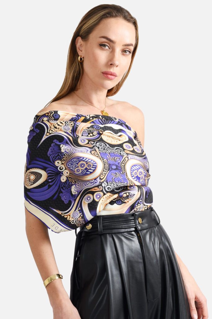 Black Gold Purple Swirls Silk Twil Scarf Kargede Desigenr Scarf Front