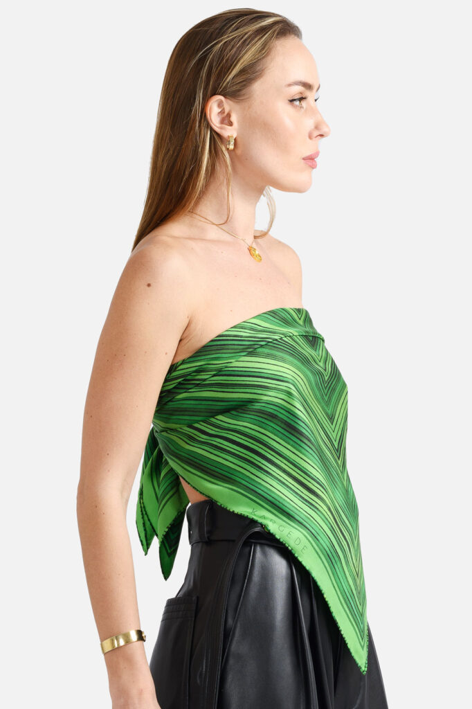 Green Striped Silk Twill Scarf Kargede Designer Scarf Side