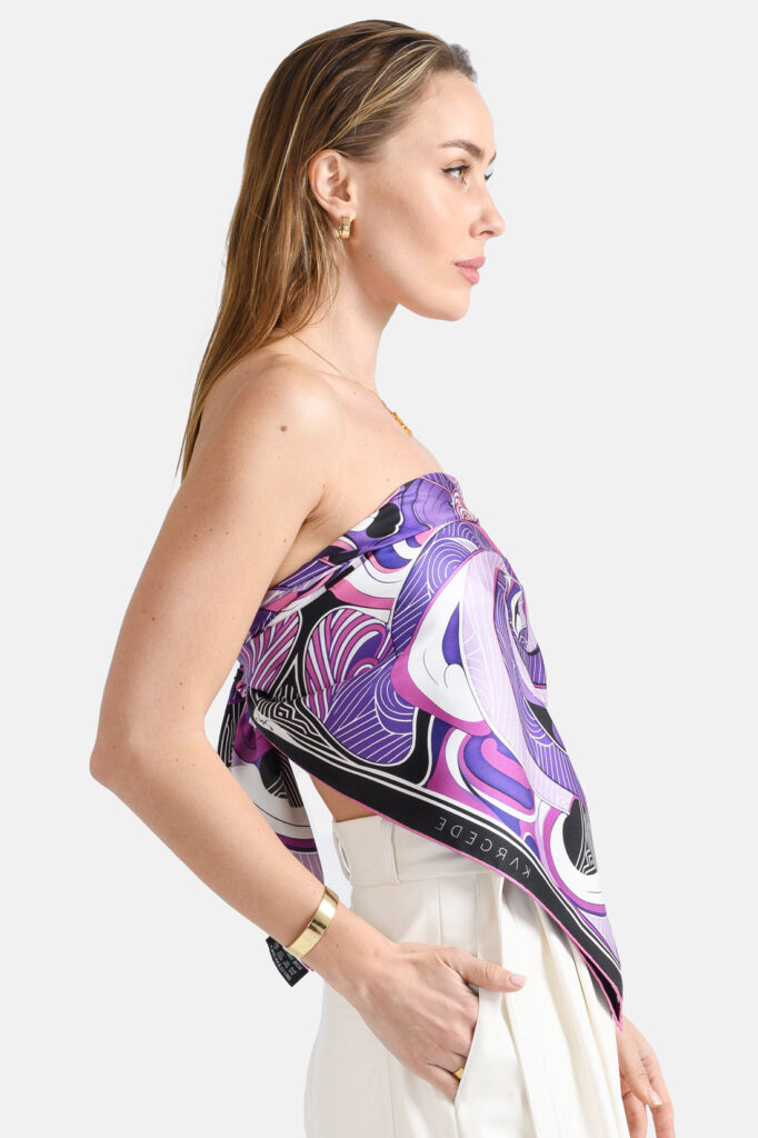 Purple White Black Swirls Silk Twill Scarf Kargede Designer Scarf Side