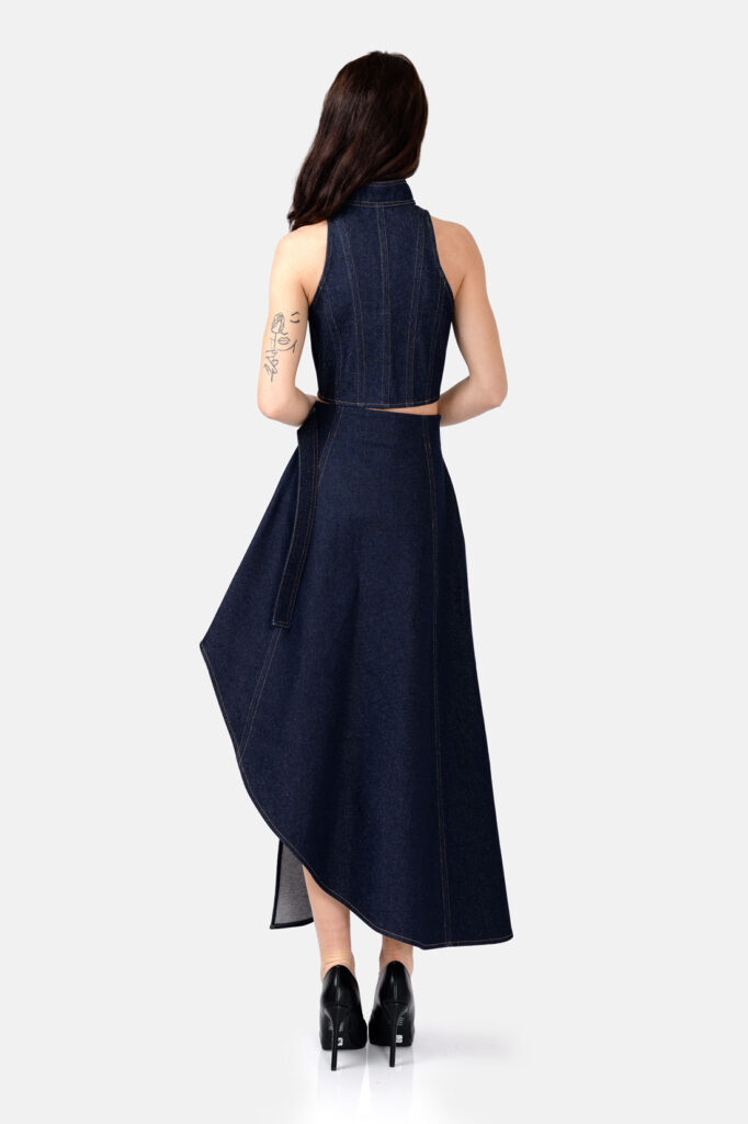 Designer Blue Indigo Denim Bodycon Denim Vest Zip Up by Kargede Back