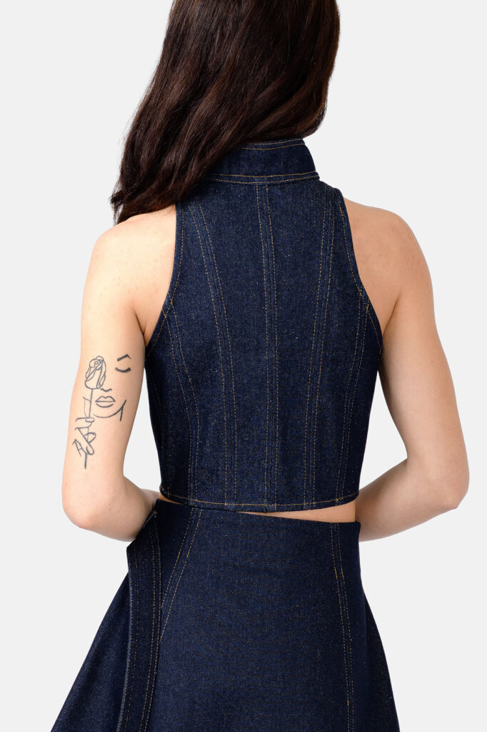 Designer Blue Indigo Denim Bodycon Denim Vest Zip Up by Kargede Back Close