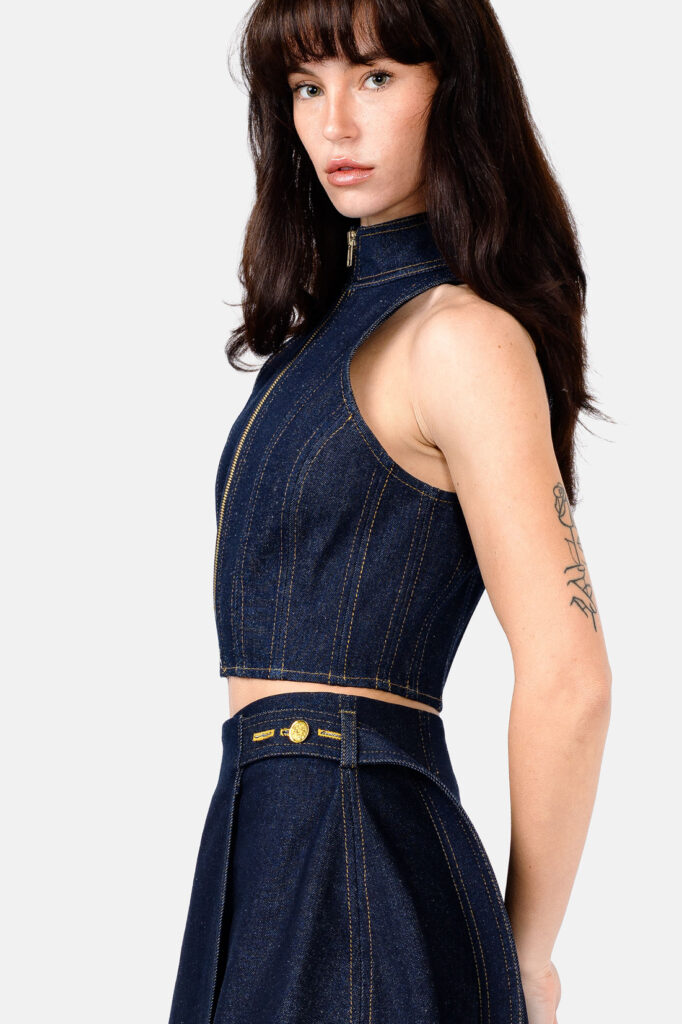 Designer Blue Indigo Denim Bodycon Denim Vest Zip Up by Kargede Side Close