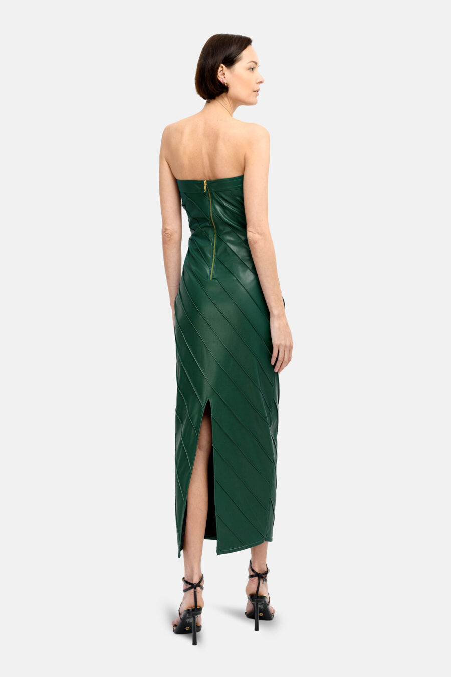 green leather strapless dress Strapless Acetate Satin Dress with Slit Olive Green