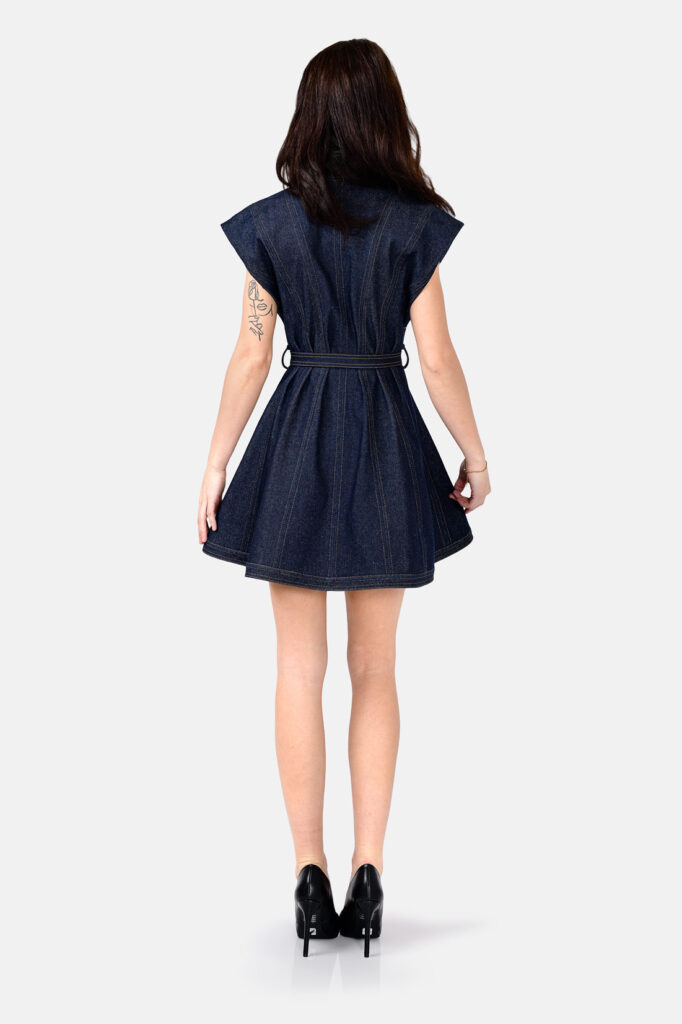 Hourglass Designer Denim Mini Dress In Indigo Blue With Belt and Button Up by Kargede Back