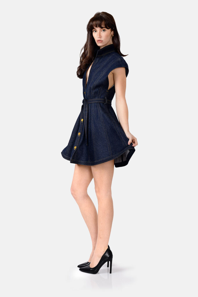 Hourglass Designer Denim Mini Dress In Indigo Blue With Belt and Button Up by Kargede Side Flared