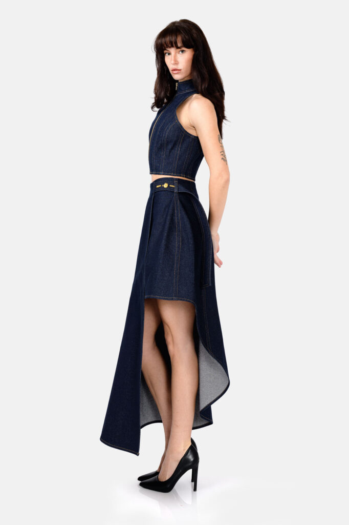 Indigo Denim Wrap Skirt Asymmetrical Hem Button Belt by Kargede side left