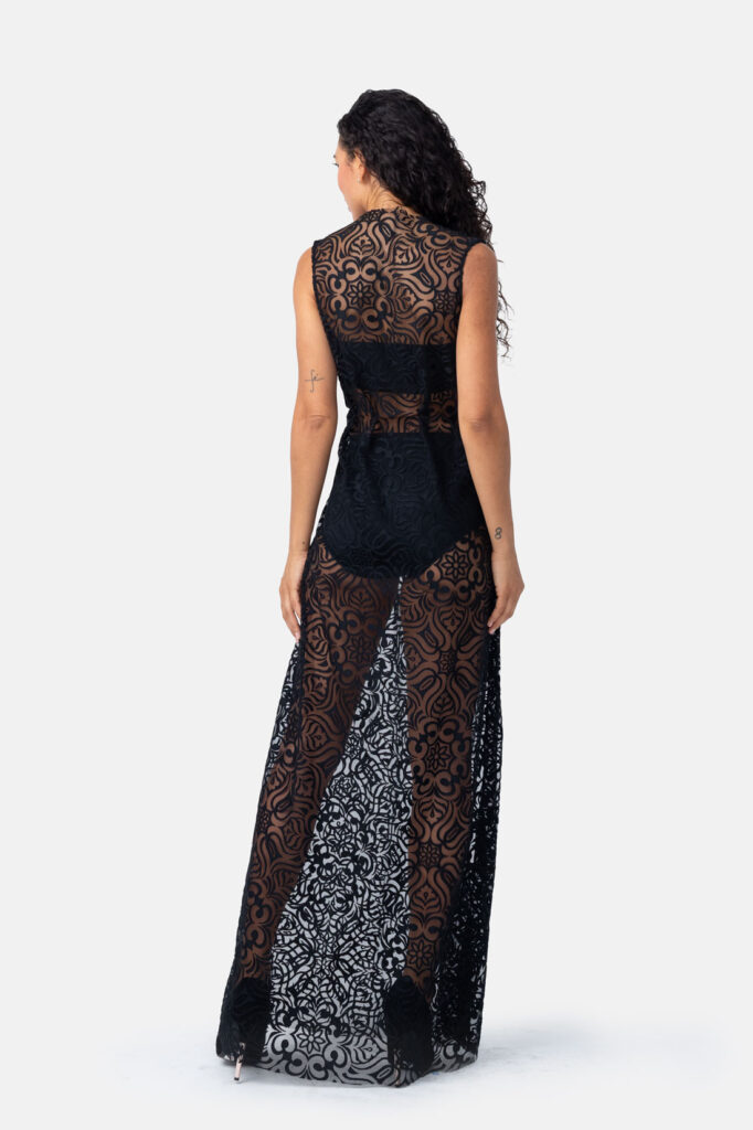 Black Mesh Lace Halter Maxi Dress Sheer Pleated Slip On Gown by Kargede Designer Fashion Back Pose