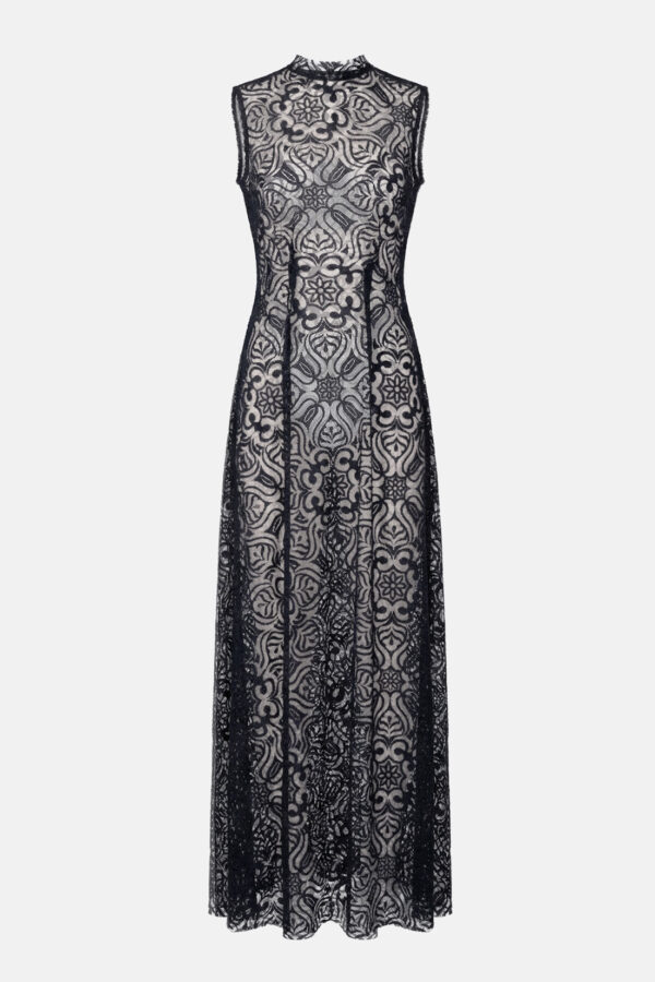 Celeste – Black Mesh Lace Halter Maxi Dress